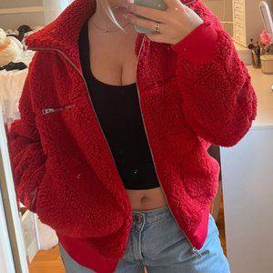 Aritzia Wilfred Free Teddy Bomber Jacket in Red, Size XS